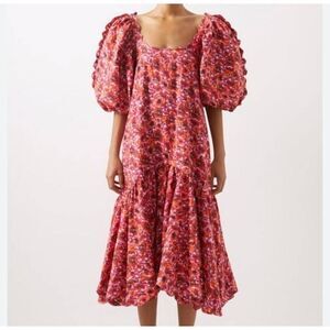 NWT Kika Vargas Maya Pink Floral Midi Dress‎ Sz M Dramatic Puff Sleeves Ruffled